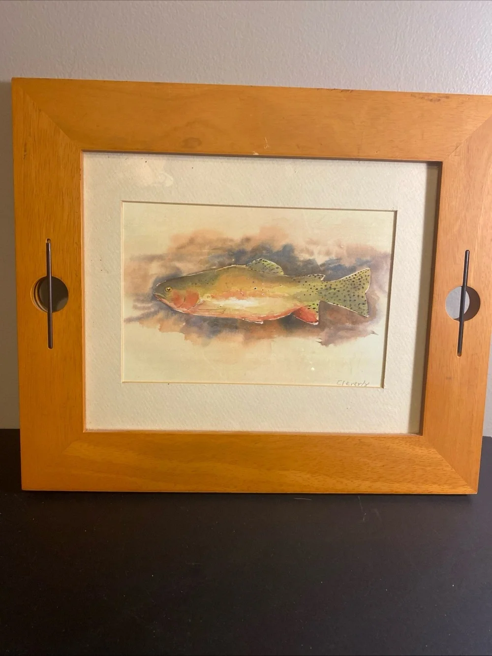 Wood Framed Trout Water Painting Signed Cleverly